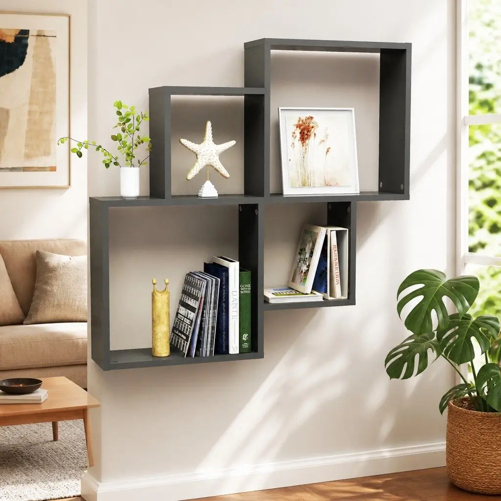 Wall Cube Shelf Grey Open Compartments Storage Display Hanging Shelving Unit