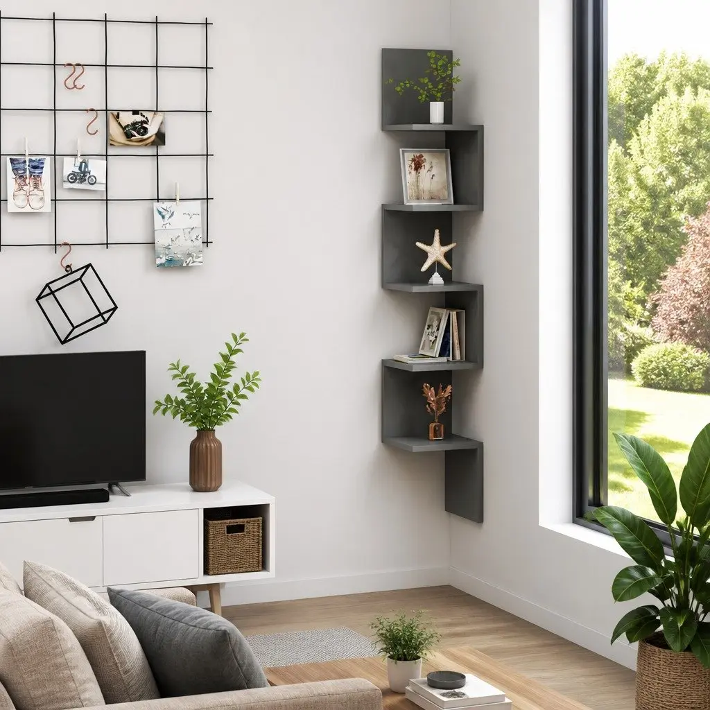 Corner Shelf Grey Storage Display Unit 20 x 20 x 127.5 cm for Living Room Bedroom Kitchen