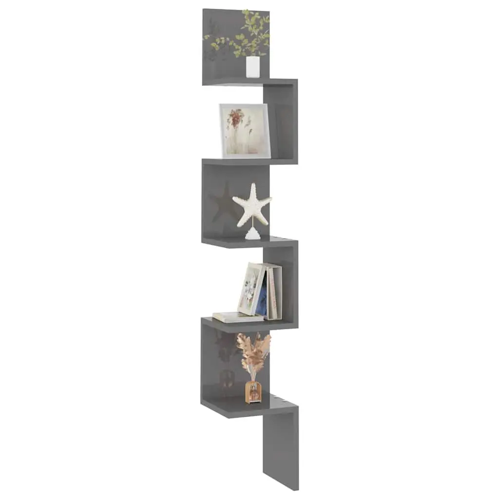 Wall Corner Shelf Grey High Gloss Storage Display 20x20x127.5cm