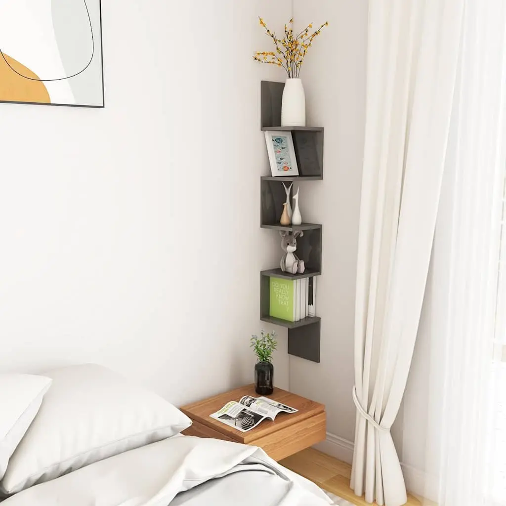 Wall Corner Shelf Grey High Gloss Storage Display 20x20x127.5cm