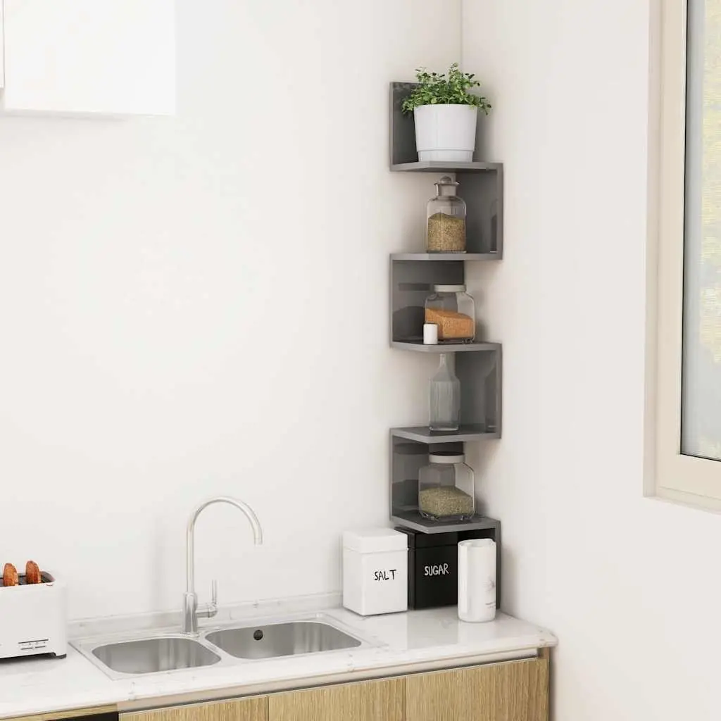 Wall Corner Shelf Grey High Gloss Storage Display 20x20x127.5cm