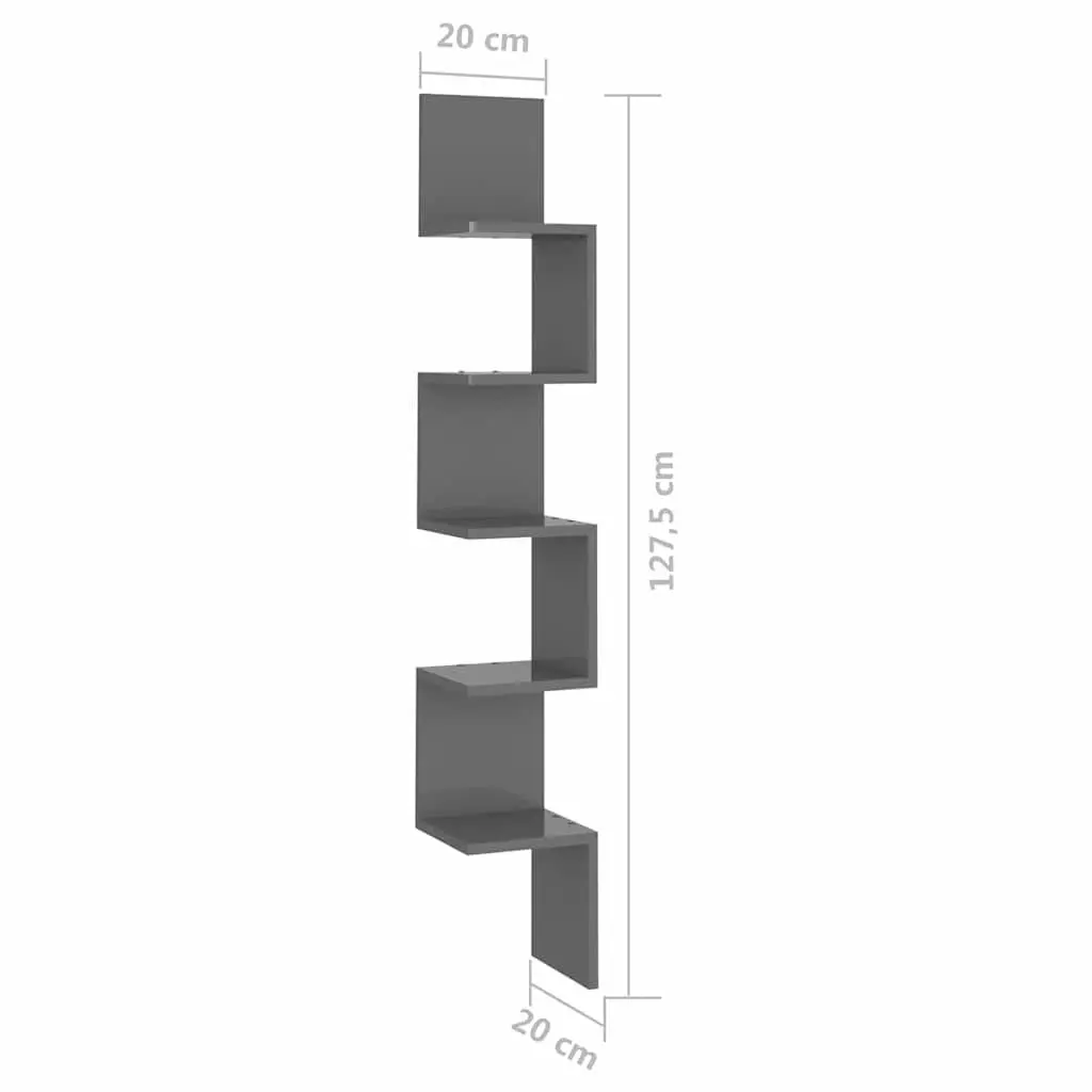 Wall Corner Shelf Grey High Gloss Storage Display 20x20x127.5cm