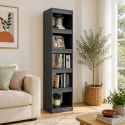 Book Cabinet Room Divider Grey Solid Pinewood 5 Shelf Compartment Storage Unit