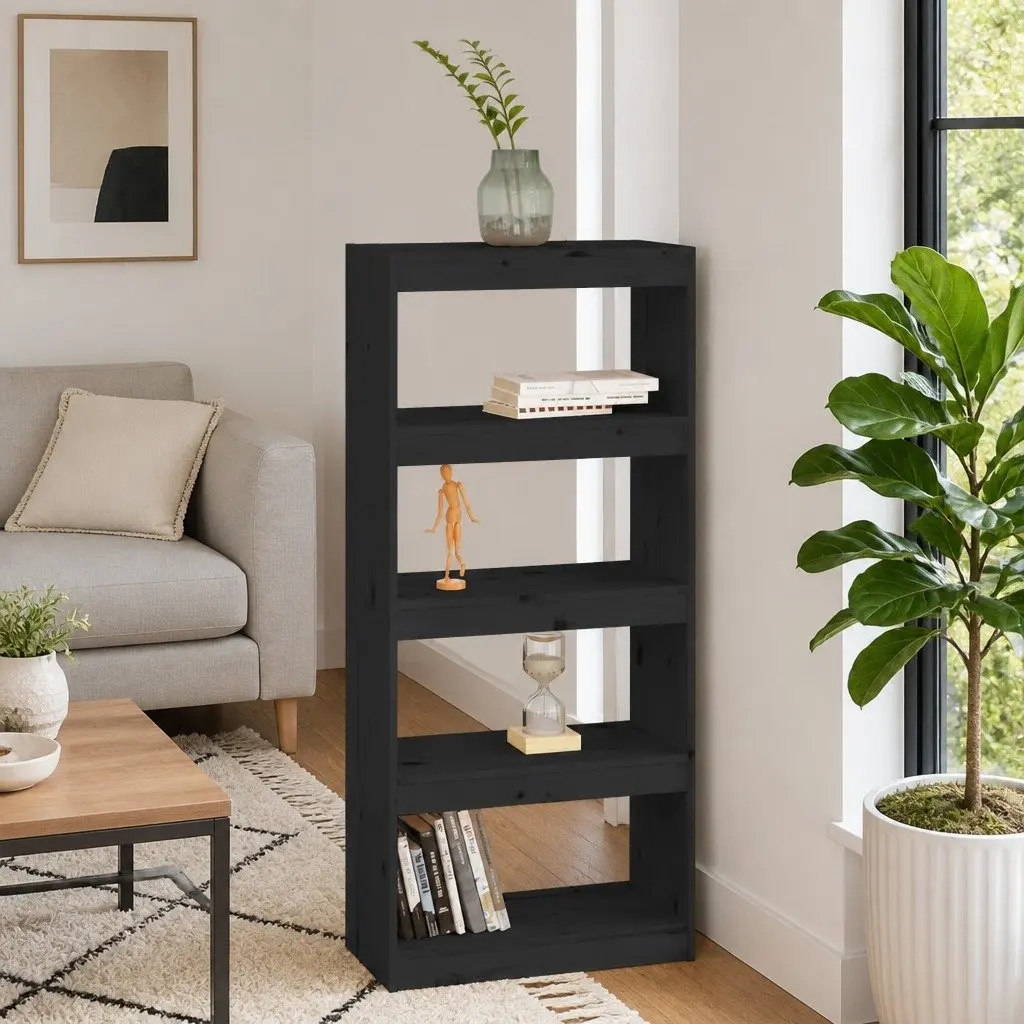 Book Cabinet Room Divider Black Solid Wood Pine Shelving Unit Storage Bookshelf