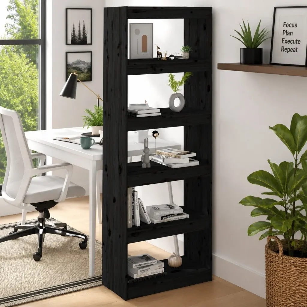 Book Cabinet Room Divider Bookshelf 60x30x1675 cm Black Solid Pine Wood