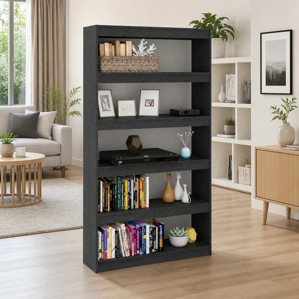 Book Cabinet Room Divider Grey Solid Pinewood Storage Shelf Bookcase Standing