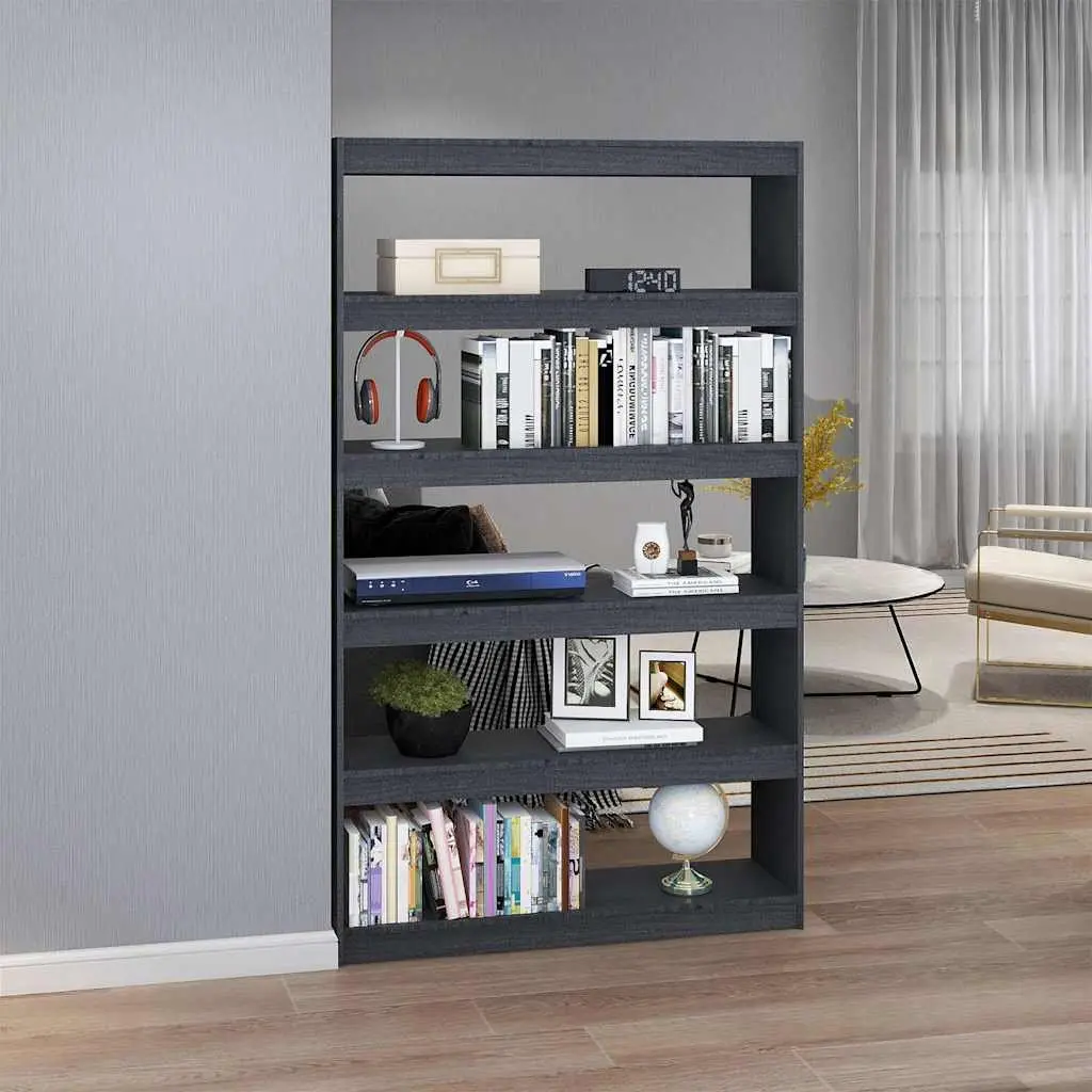 Book Cabinet Room Divider Grey Solid Pinewood Storage Shelf Bookcase Standing