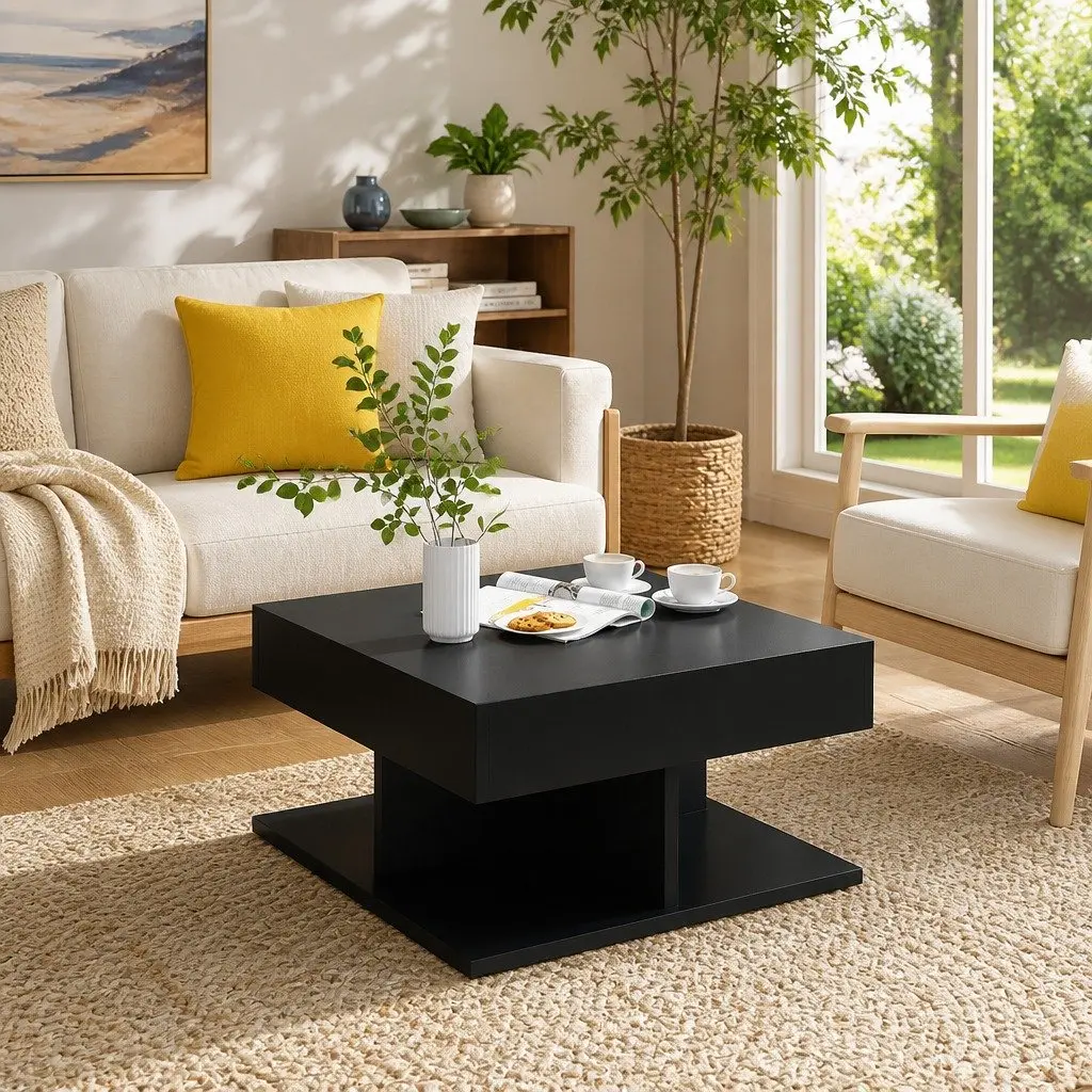 Coffee Table Black Square Accent Living Room Furniture Engineered Wood
