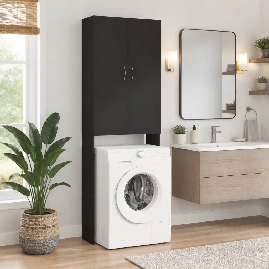 Washing Machine Cabinet Black Storage Unit Bathroom Laundry Organiser
