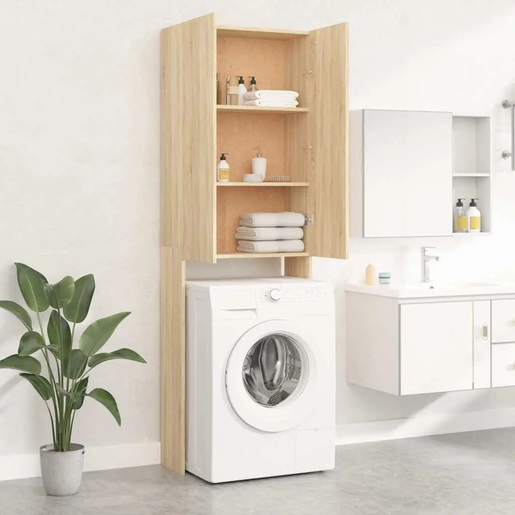 Washing Machine Cabinet Storage Bathroom Cupboard 2 Doors Sonoma Oak 64 x 25.5 x 190 cm