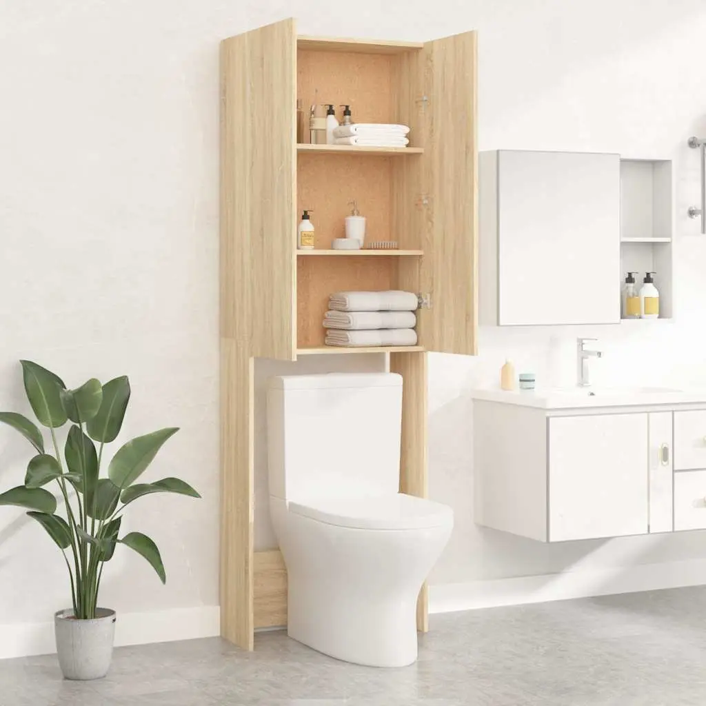 Washing Machine Cabinet Storage Bathroom Cupboard 2 Doors Sonoma Oak 64 x 25.5 x 190 cm