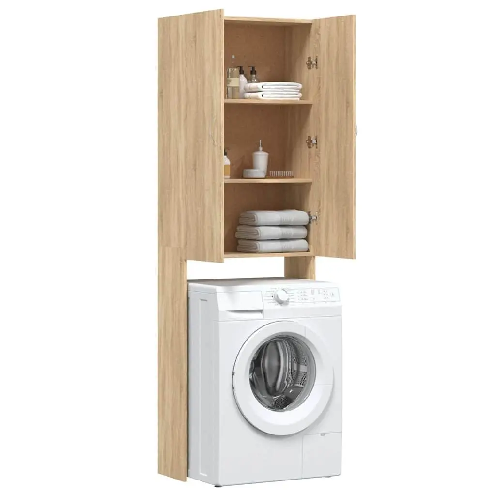 Washing Machine Cabinet Storage Bathroom Cupboard 2 Doors Sonoma Oak 64 x 25.5 x 190 cm