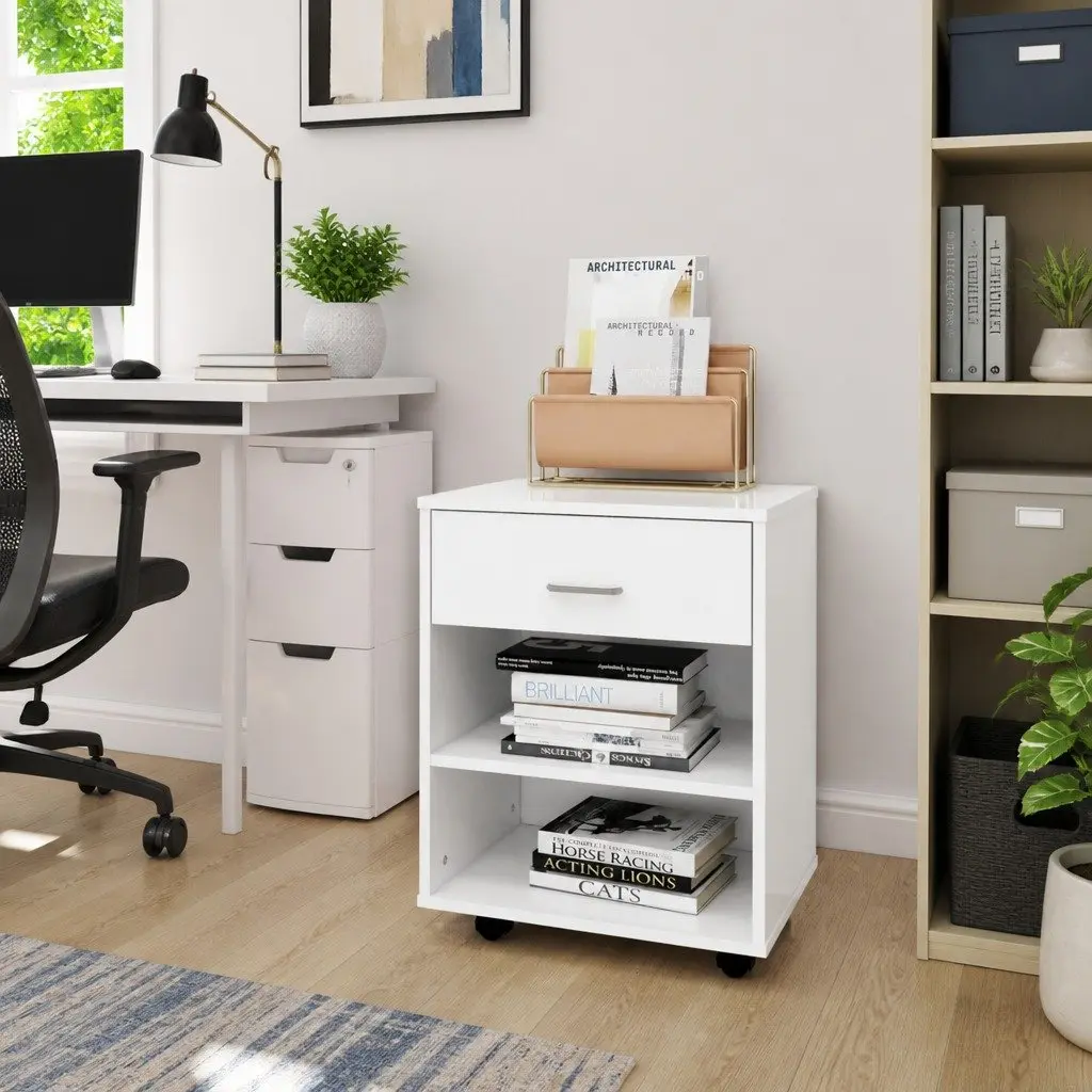 Rolling Storage Cabinet Mobile Printer Desk Organizer 46W x 36D x 59H cm White Engineered Wood