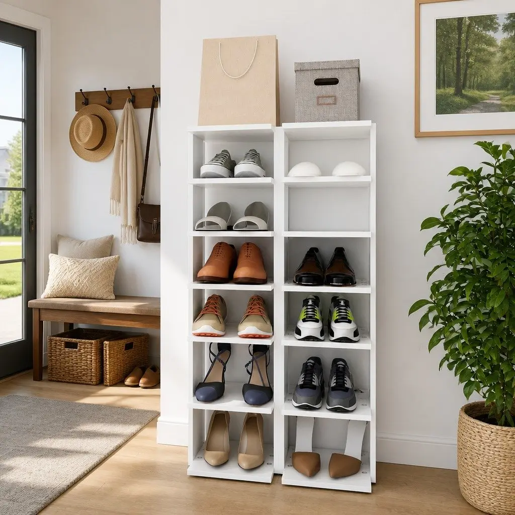 Shoe Cabinet Storage Organiser 27.5x27x102cm White 6 Shelves Narrow Corner