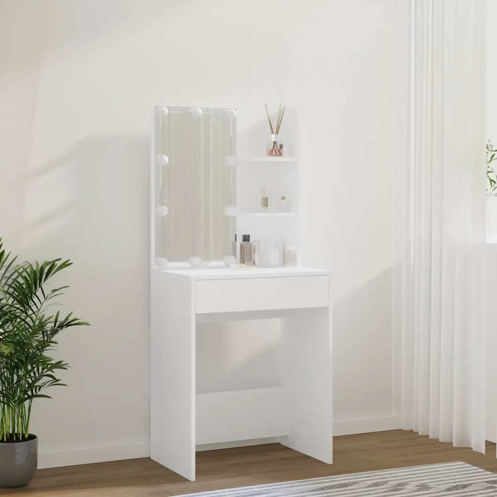 White Dressing Table with LED Mirror Lights Makeup Vanity Desk Bedroom Storage