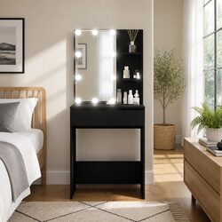 Black Dressing Table with LED Mirror Lights USB Vanity Makeup Desk Storage