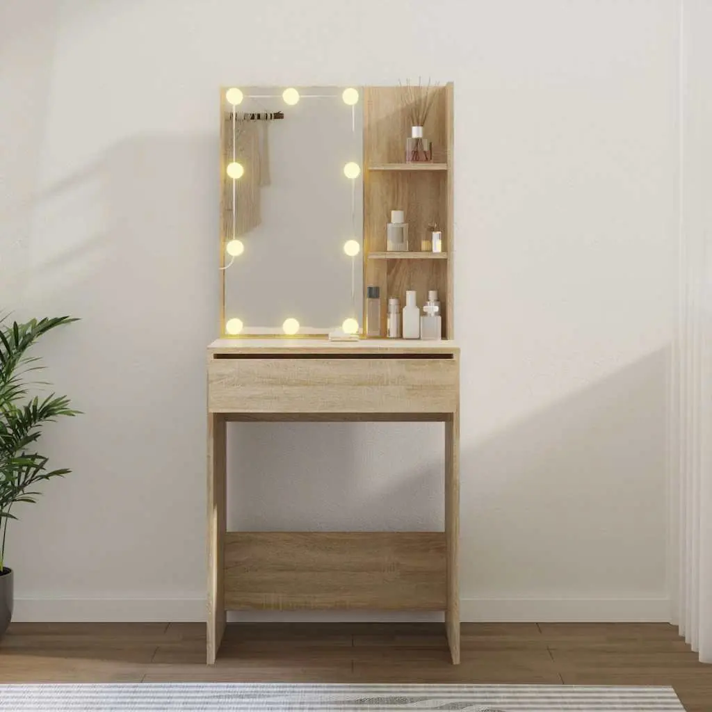 Dressing Table LED Mirror Makeup Vanity Console Storage 60W x 40D x 140H cm Brown Sonoma Oak