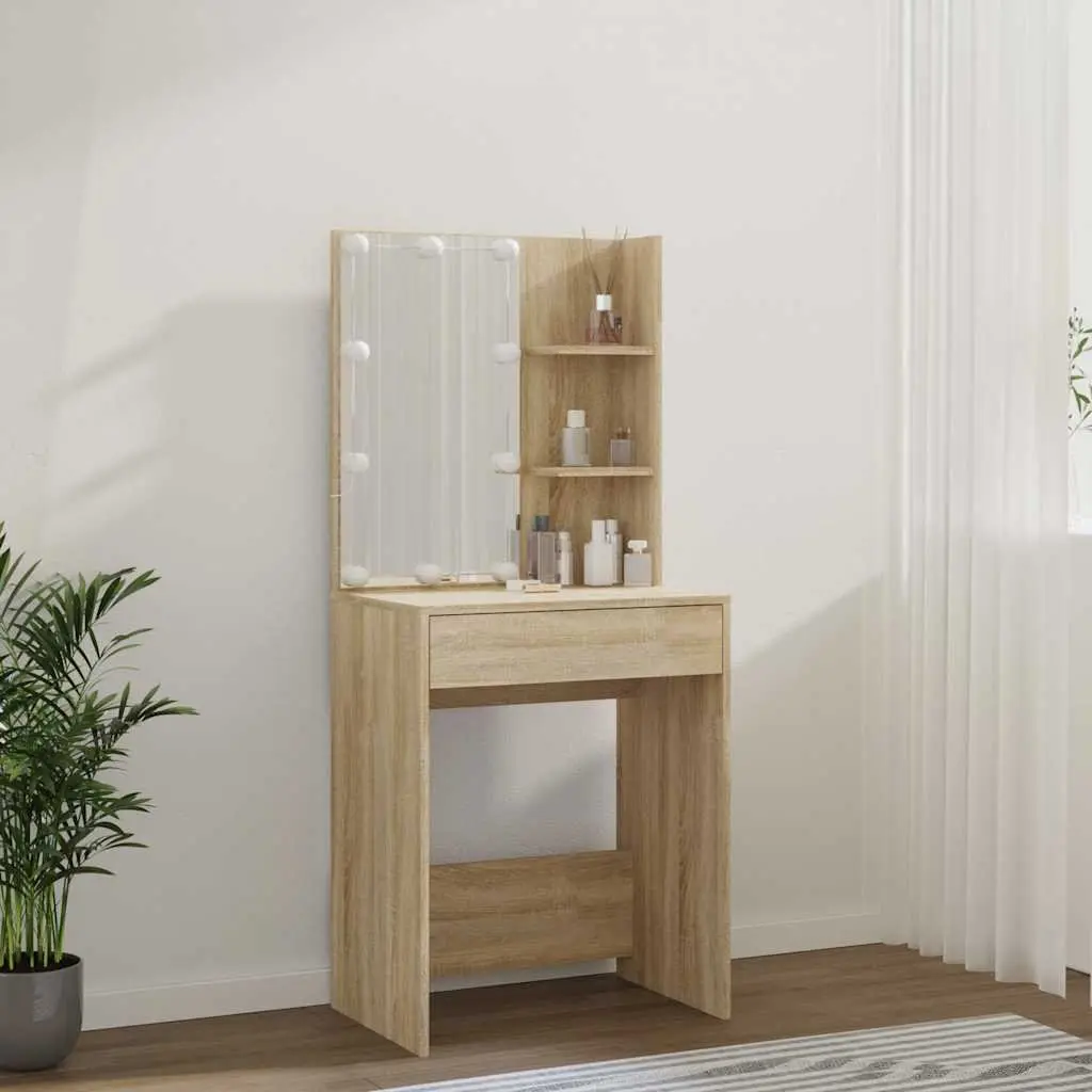Dressing Table LED Mirror Makeup Vanity Console Storage 60W x 40D x 140H cm Brown Sonoma Oak