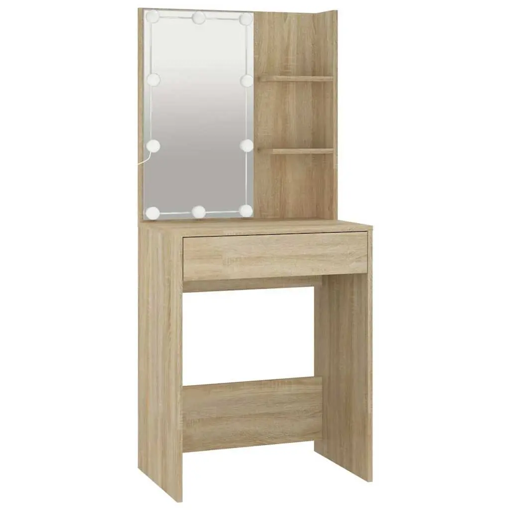 Dressing Table LED Mirror Makeup Vanity Console Storage 60W x 40D x 140H cm Brown Sonoma Oak