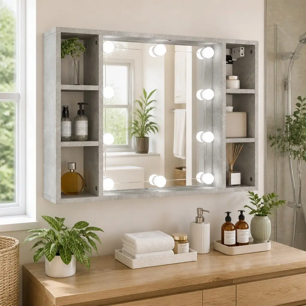 Mirror Cabinet with LED Lights Wall-Mounted Bathroom Storage Grey 76x15x55cm