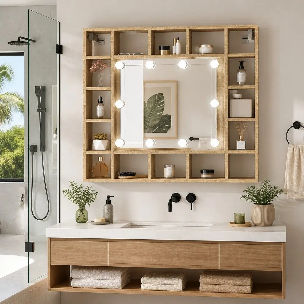 Bathroom Cabinet Mirror with LED Lights Wall-Mounted Storage Unit 91x15x76.5cm Brown