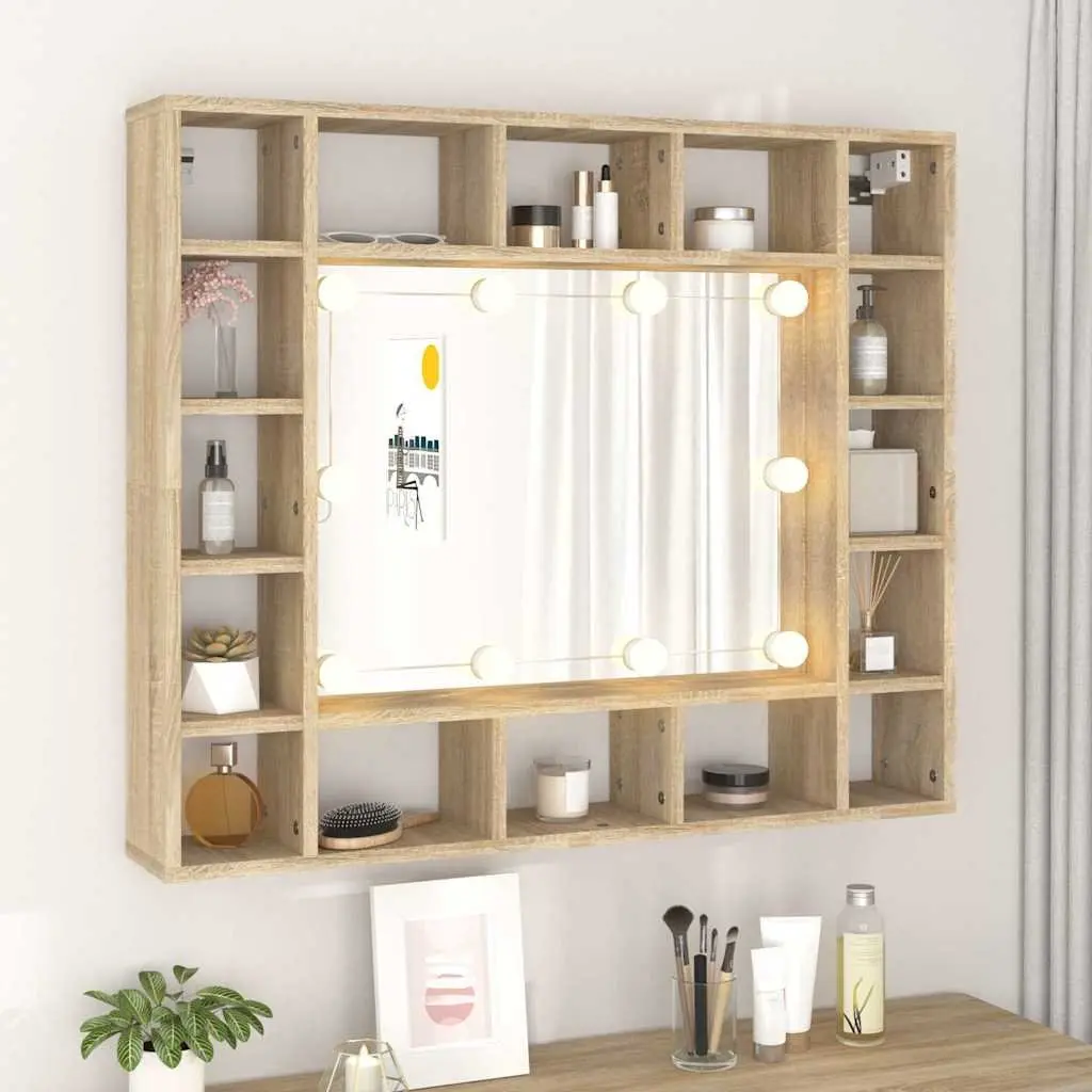 Bathroom Cabinet Mirror with LED Lights Wall-Mounted Storage Unit 91x15x76.5cm Brown