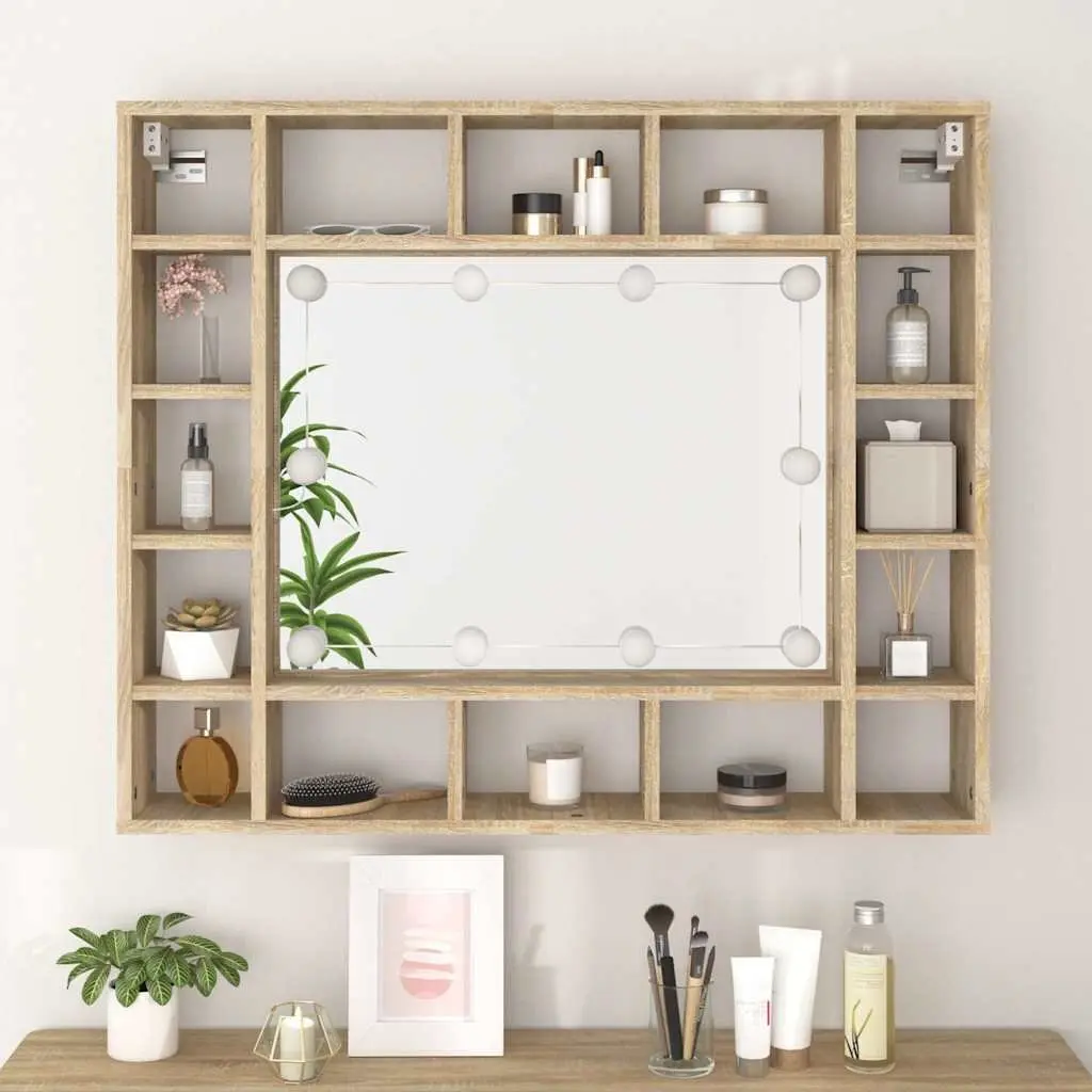 Bathroom Cabinet Mirror with LED Lights Wall-Mounted Storage Unit 91x15x76.5cm Brown