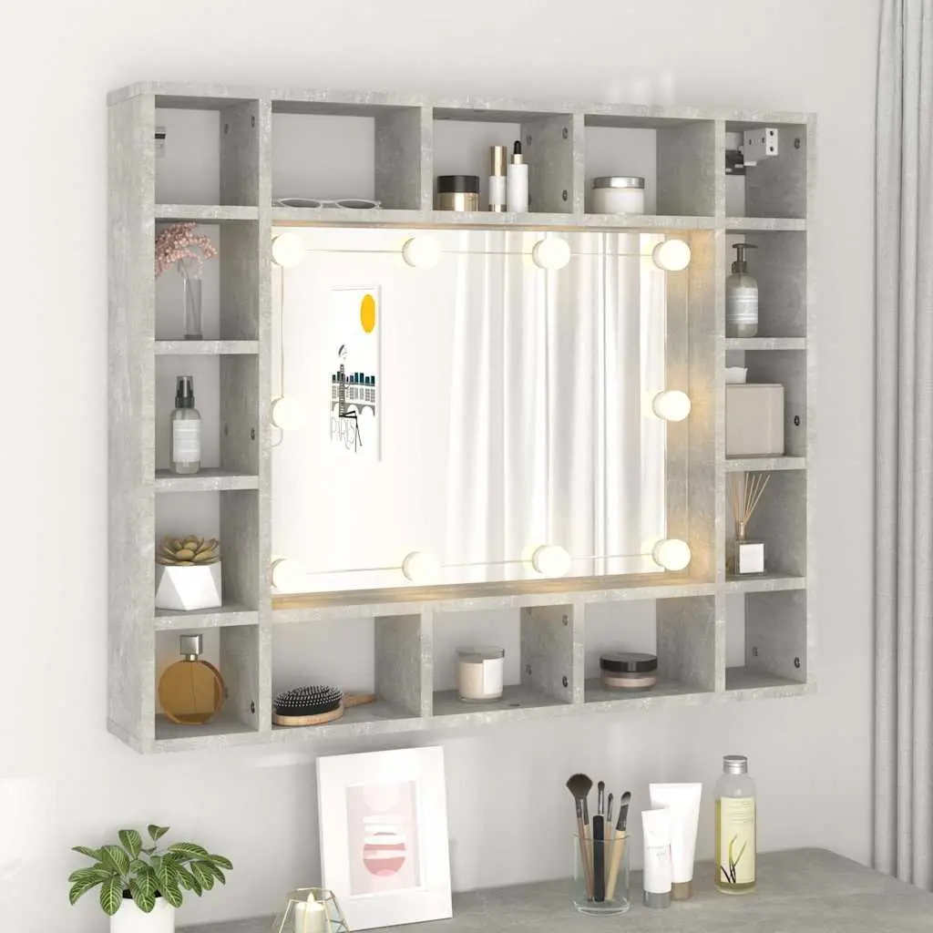 Mirror Cabinet Bathroom Storage Wall-Mounted LED Lights Grey 91x15x76.5 cm