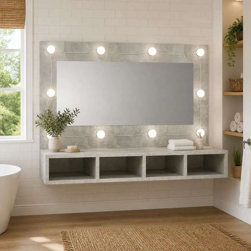 Bathroom Cabinet LED Mirror Storage 90x31.5x62 cm Concrete Grey