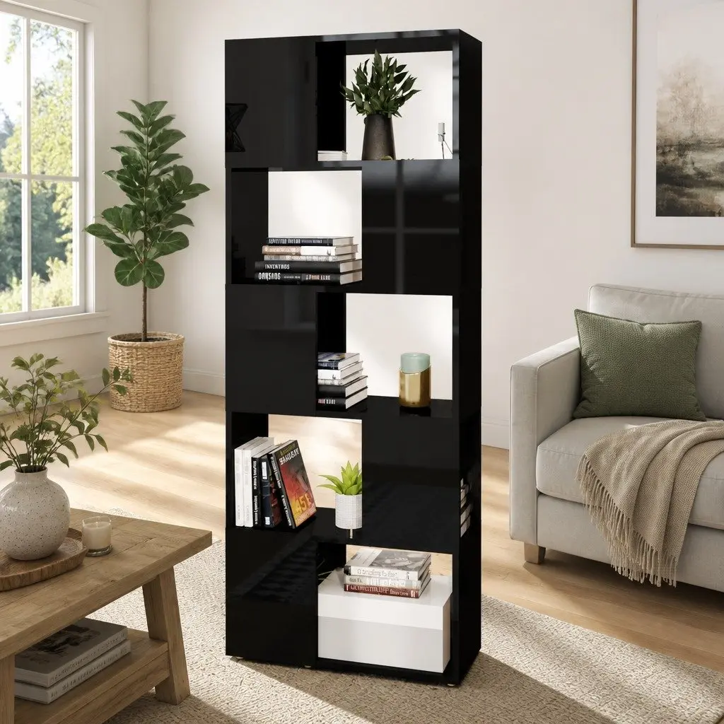 Book Cabinet Room Divider Open Storage 60x24x155cm High Gloss Black