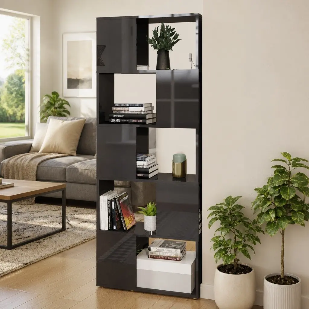 Book Cabinet Open Shelf Storage Organiser 60W x 24D x 155H cm High Gloss Grey