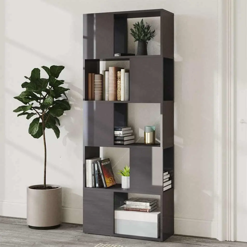 Book Cabinet Open Shelf Storage Organiser 60W x 24D x 155H cm High Gloss Grey