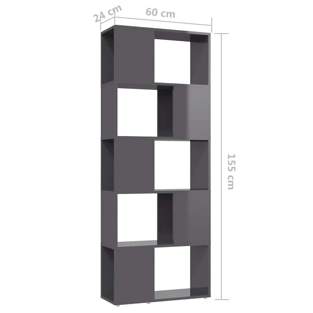 Book Cabinet Open Shelf Storage Organiser 60W x 24D x 155H cm High Gloss Grey