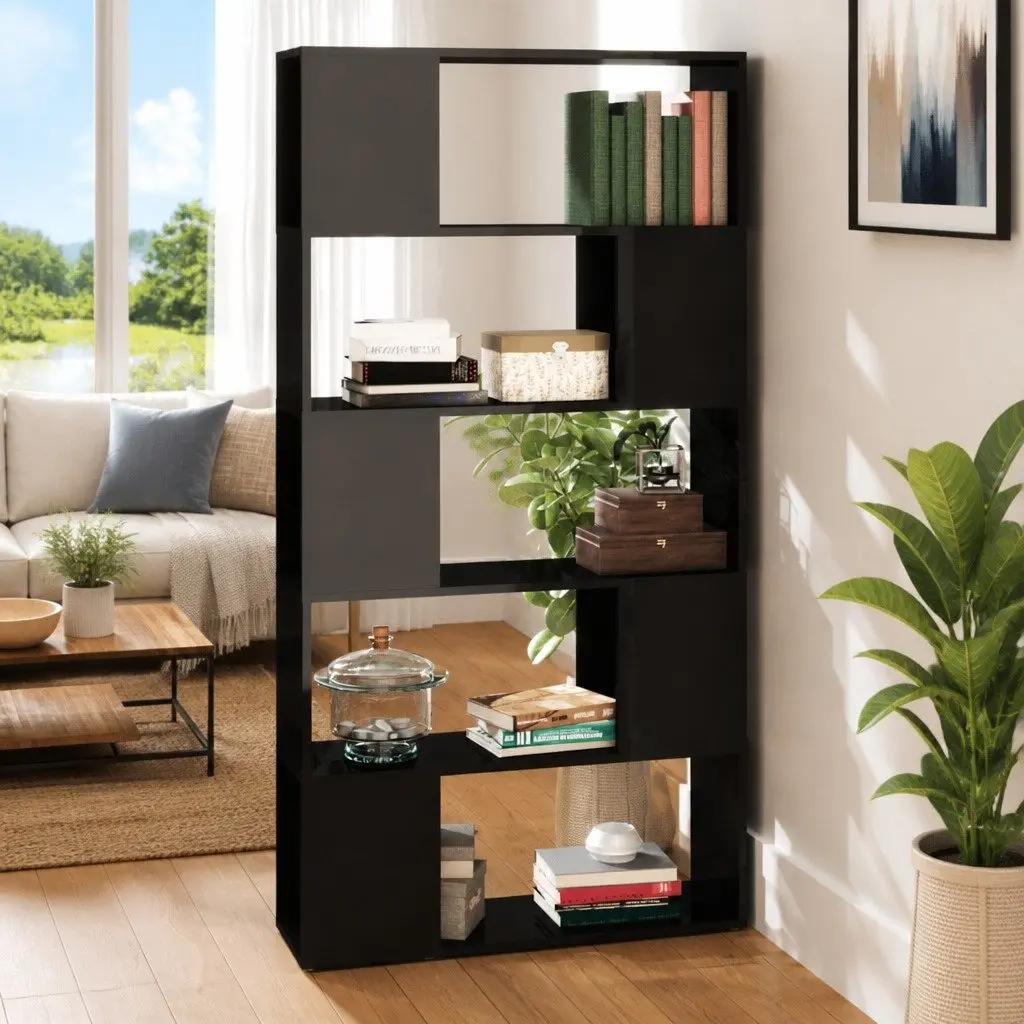 Book Cabinet Room Divider Shelving Unit Black High Gloss 5 Compartments Storage