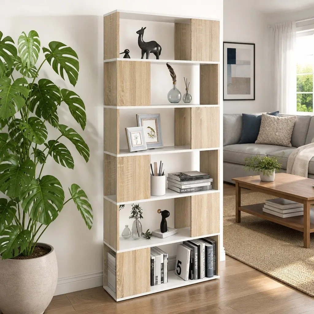 Book Cabinet Room Divider Storage Organiser 6 Compartment 80W x 24D x 186H cm Beige