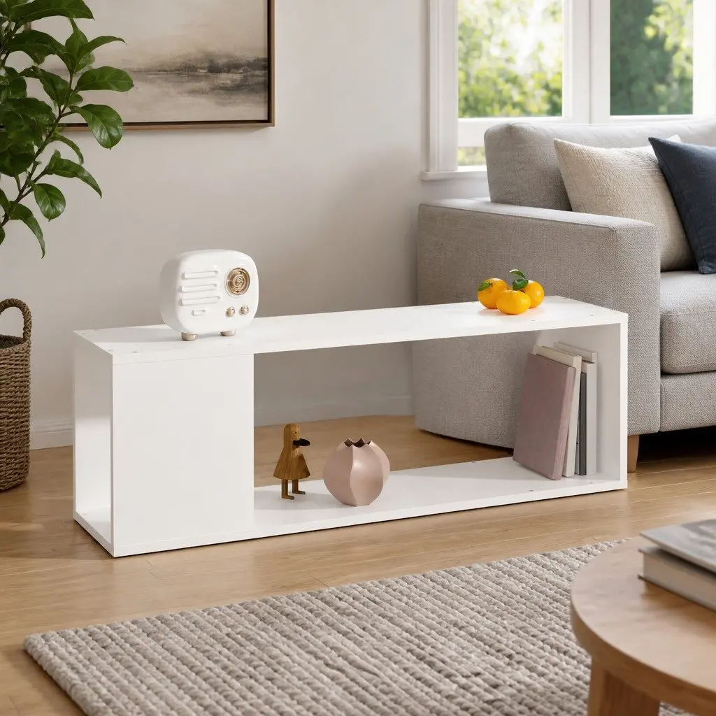 TV Cabinet White Storage Unit 2 Shelves Living Room Display Bookcase
