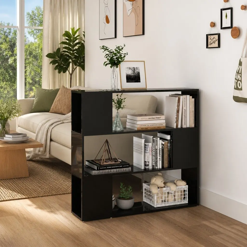 Book Cabinet Room Divider Storage Shelf 100W x 24D x 94H cm High Gloss Black