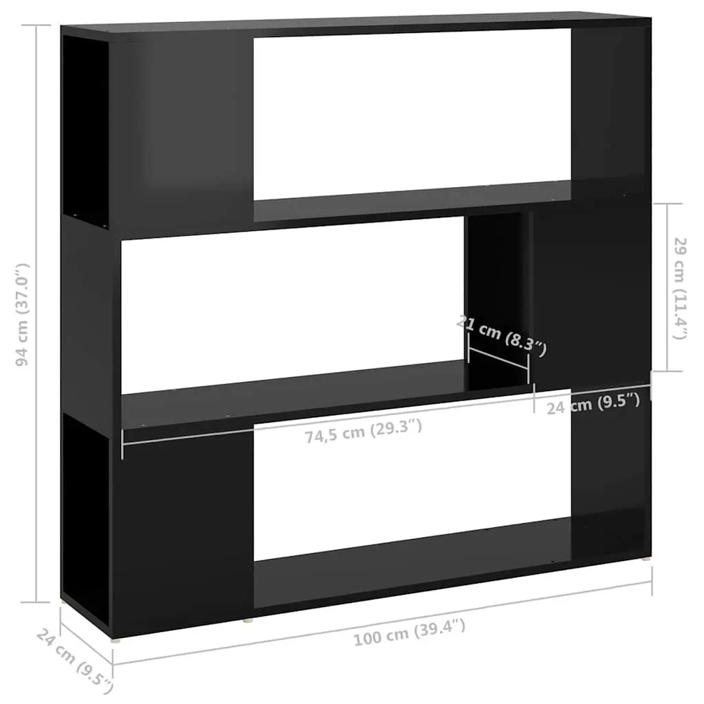 Book Cabinet Room Divider Storage Shelf 100W x 24D x 94H cm High Gloss Black
