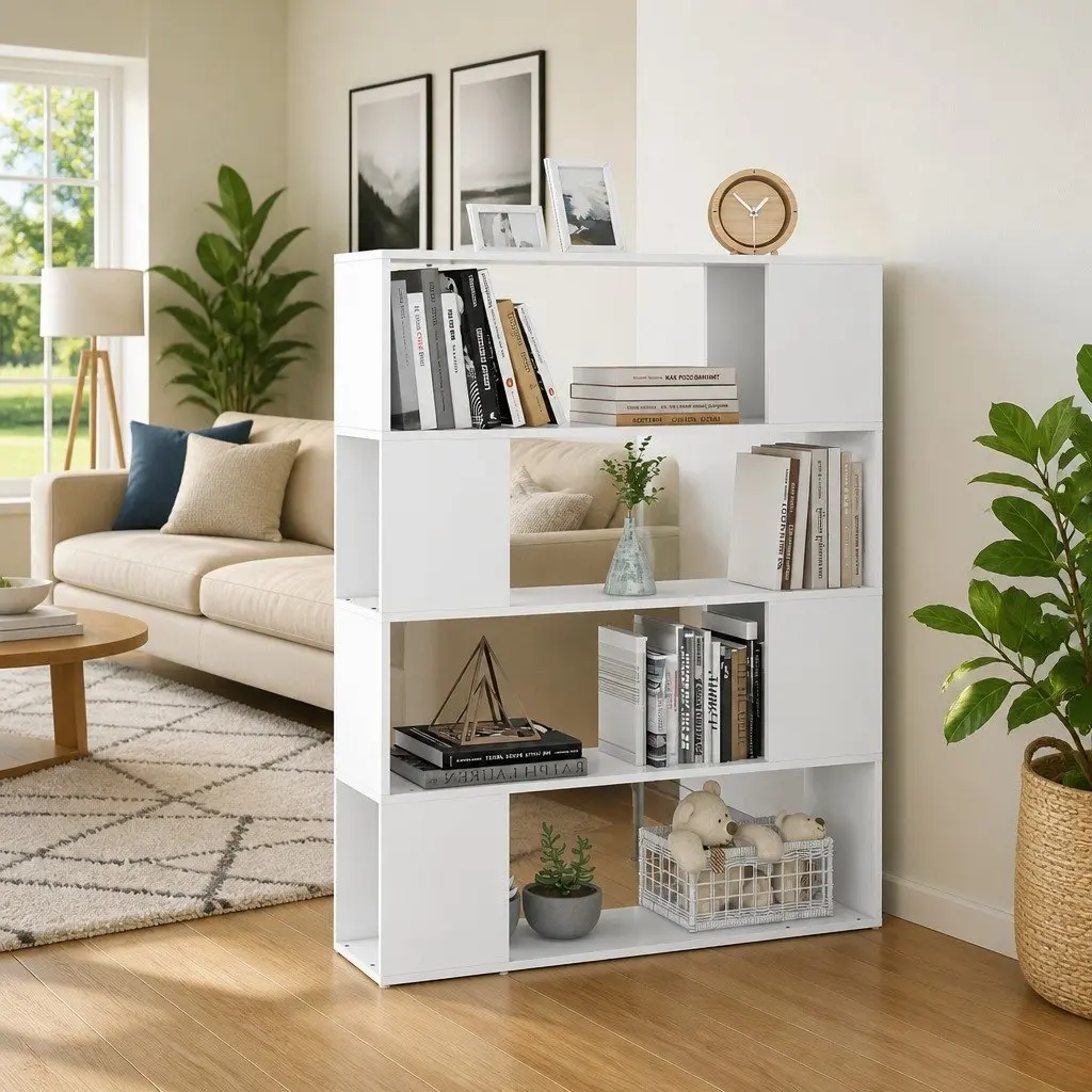 Book Cabinet Room Divider Storage Organizer 4 Compartments White