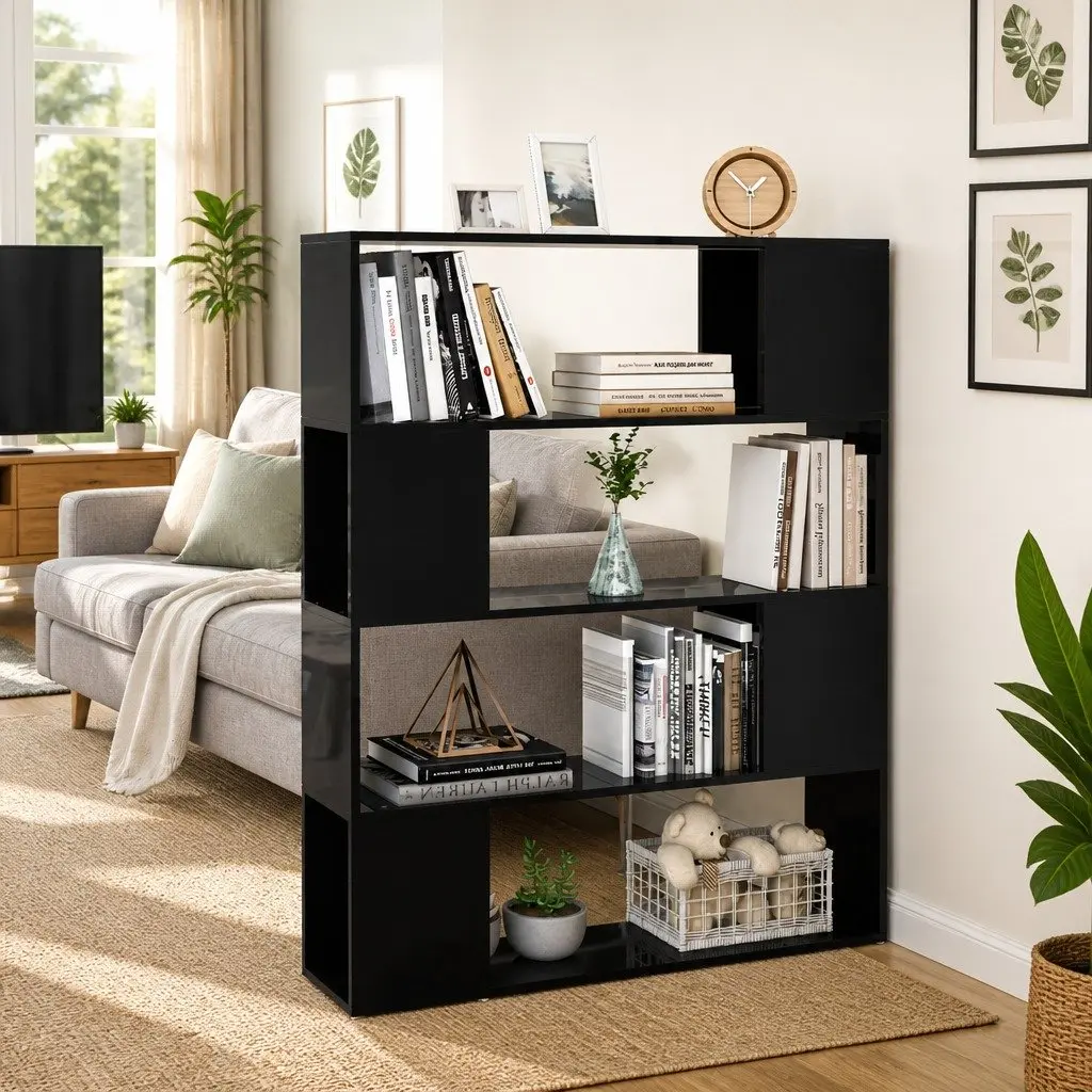Book Cabinet Room Divider Storage Shelf Organizer High Gloss Black 100W x 24D x 124H cm