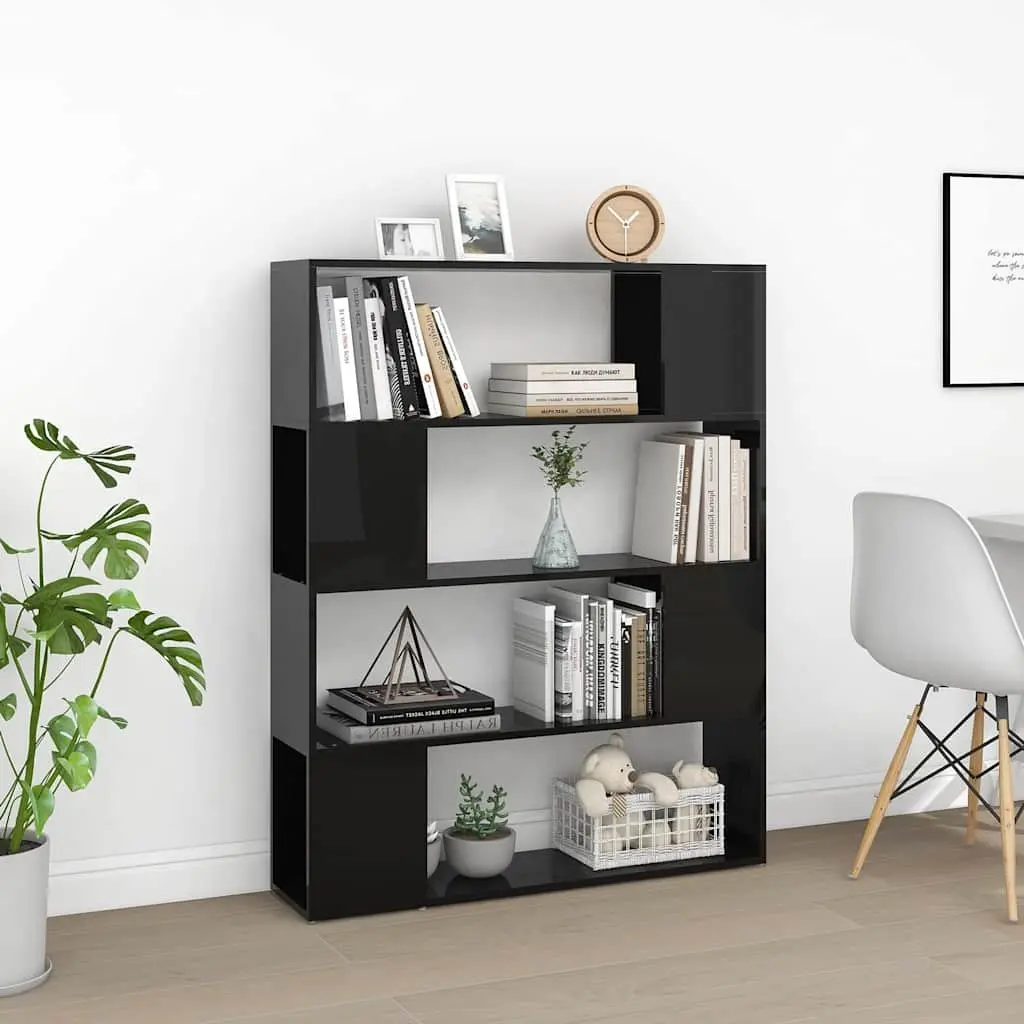 Book Cabinet Room Divider Storage Shelf Organizer High Gloss Black 100W x 24D x 124H cm