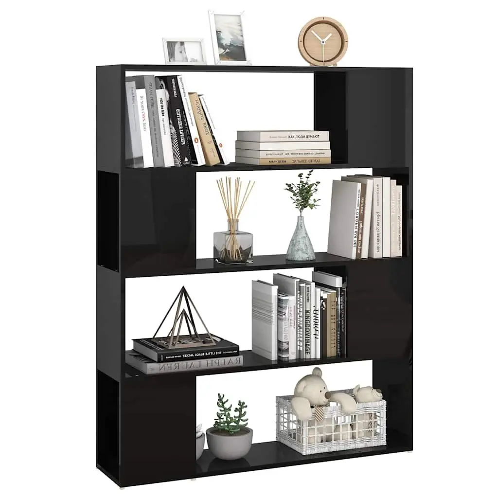 Book Cabinet Room Divider Storage Shelf Organizer High Gloss Black 100W x 24D x 124H cm