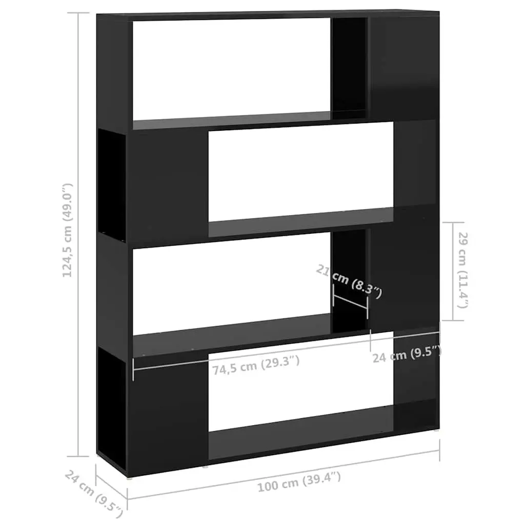 Book Cabinet Room Divider Storage Shelf Organizer High Gloss Black 100W x 24D x 124H cm