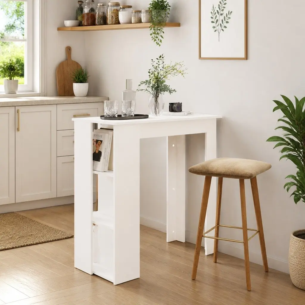 Bar Table Storage Shelves Compact White Modern Kitchen Dining Furniture 102cm x 50cm x 103.5cm