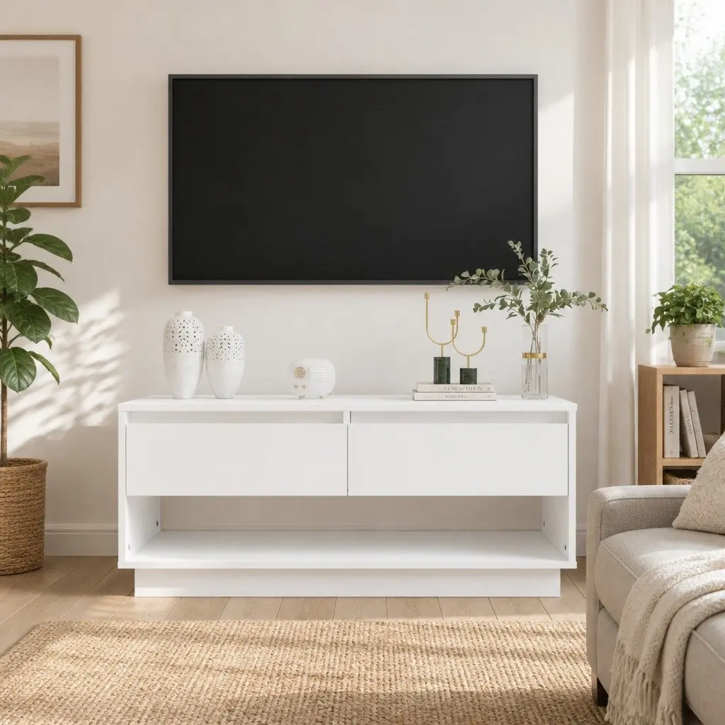 TV Cabinet Storage Unit 2 Drawers Open Compartment 102cm White