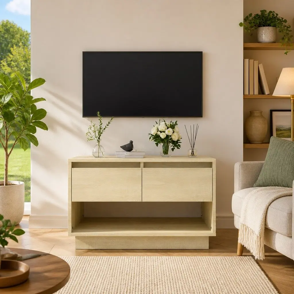 TV Cabinet Storage Lowboard Beige Engineered Wood with Drawers 70W x 41D x 44H cm