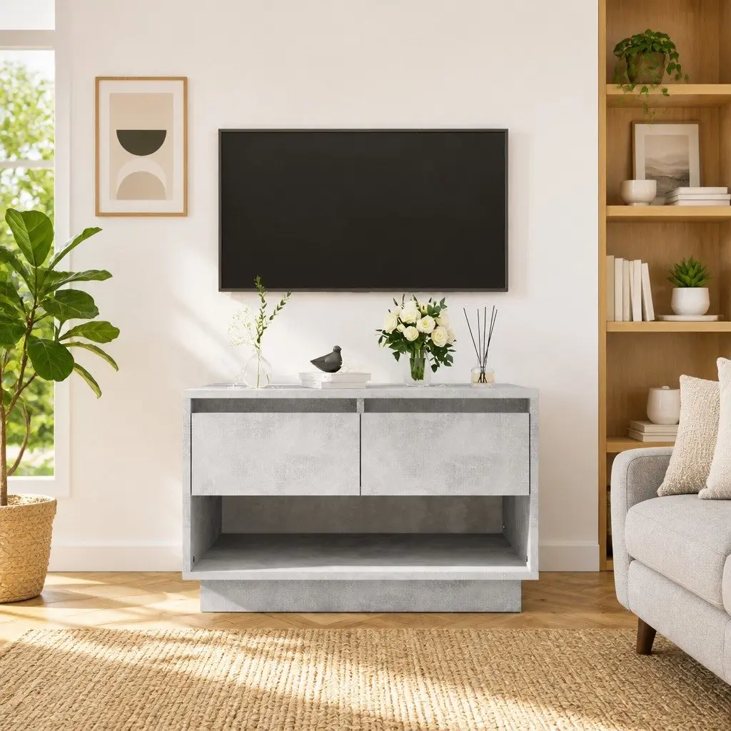 TV Cabinet Concrete Grey Living Room Storage Unit 2 Drawers Open Compartment