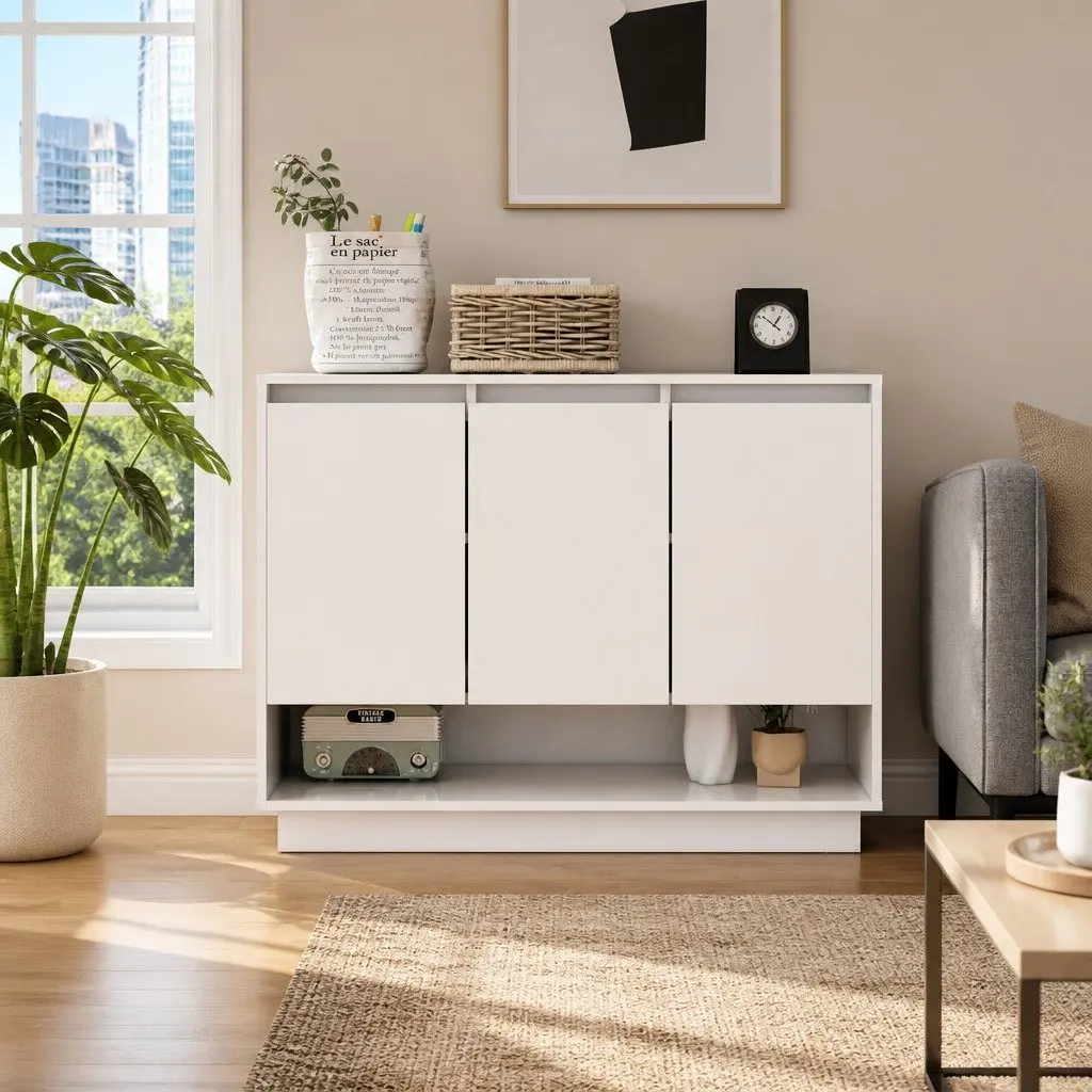 Sideboard High Gloss White Storage Cabinet 3 Doors Open Compartment Living Room 97W x 31D x 75H cm