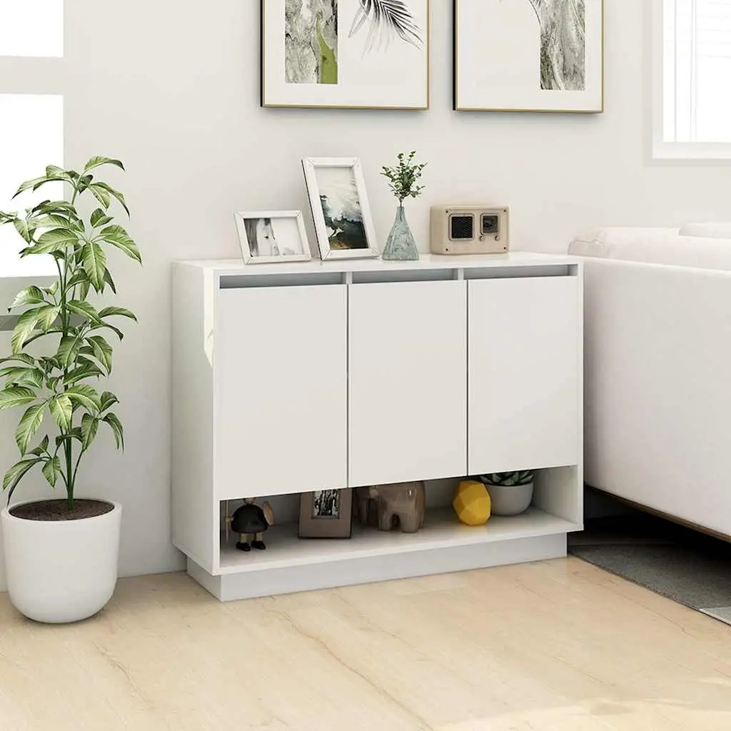 Sideboard High Gloss White Storage Cabinet 3 Doors Open Compartment Living Room 97W x 31D x 75H cm