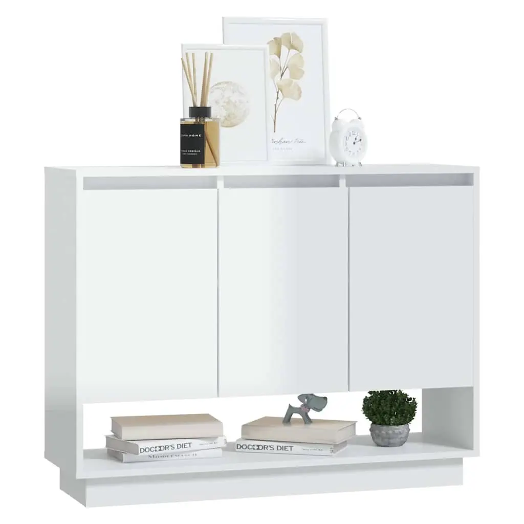 Sideboard High Gloss White Storage Cabinet 3 Doors Open Compartment Living Room 97W x 31D x 75H cm